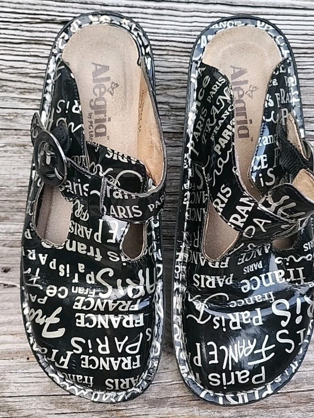 Alegria Black White Paris Print Slip-On Clogs